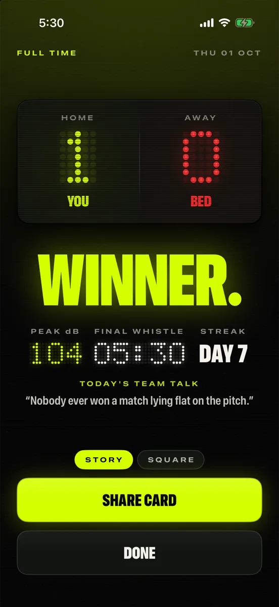 Victory screen announcing the win with the final score and share buttons.